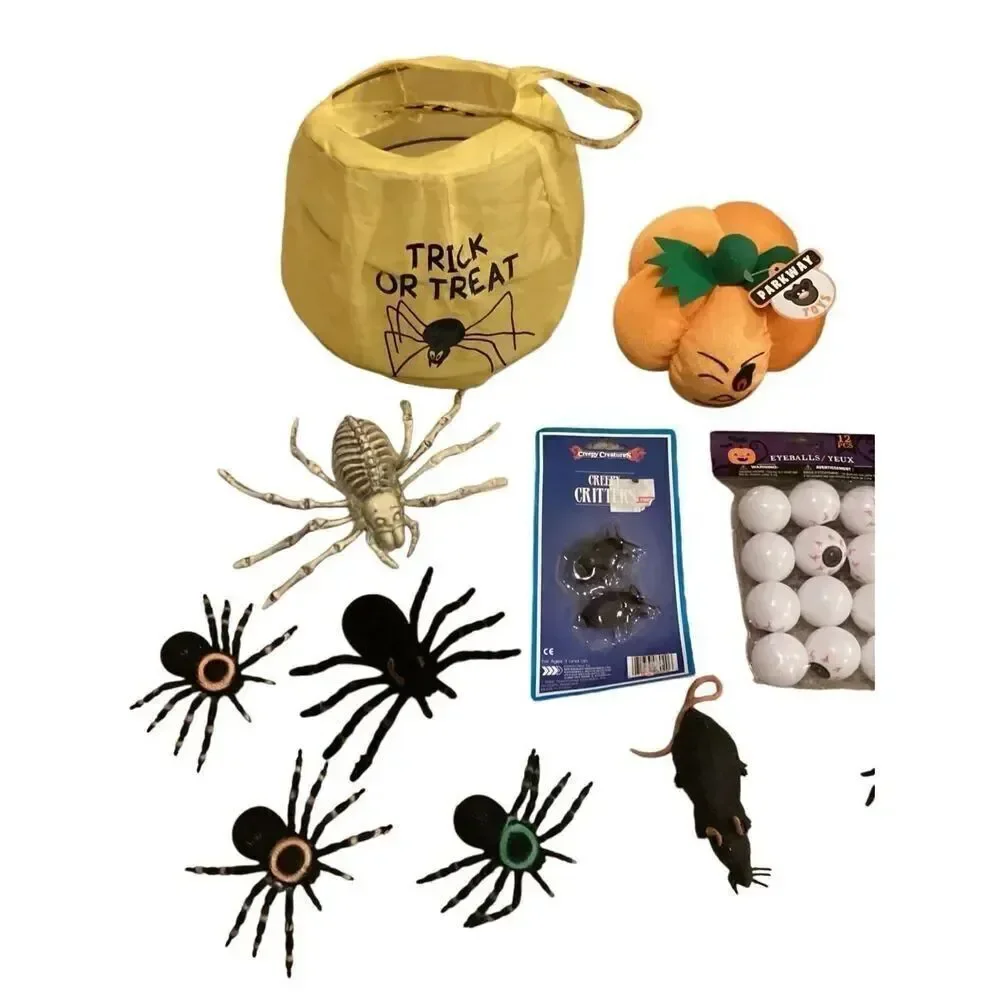 Lot Of Halloween Party Supplies Trick Or Treat Bucket Faux Spiders Rat Bat Pumpk